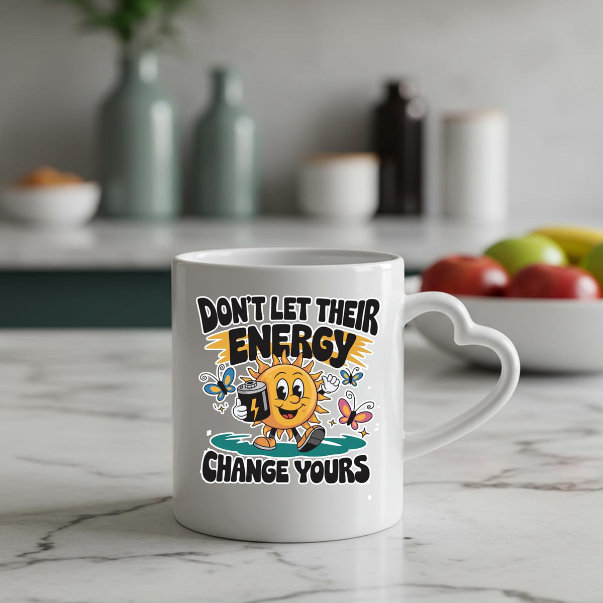 Positive Vibes sun heart-handle mug on a marble counter with fruit