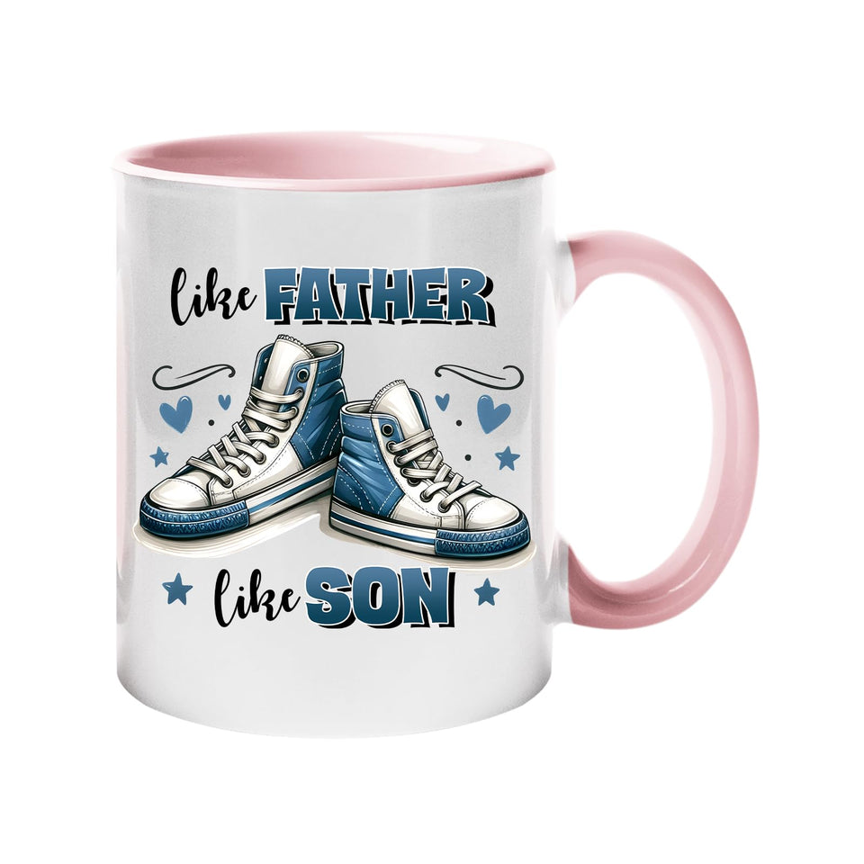 Colour handle mug with a pair of blue high-top sneakers with hearts and “Like father, like son” – light pink handle and inside