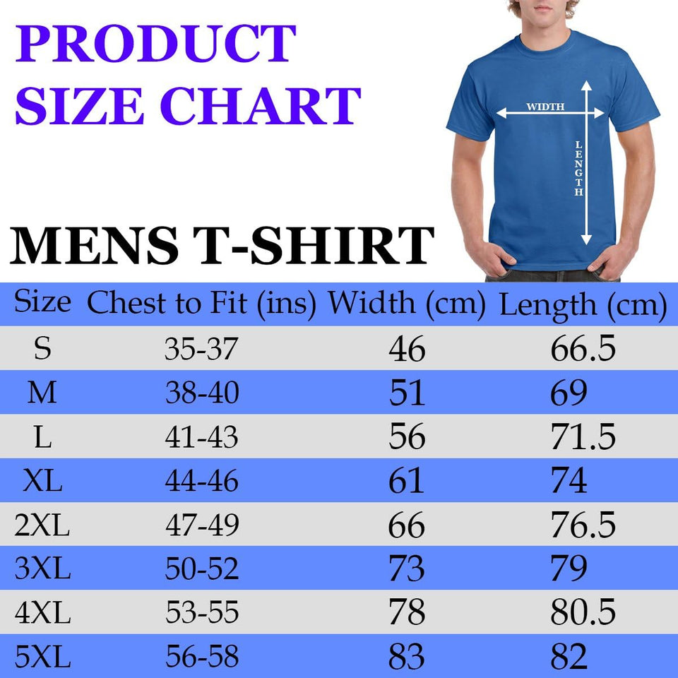Men's T-shirt size chart with chest, width and length measurements