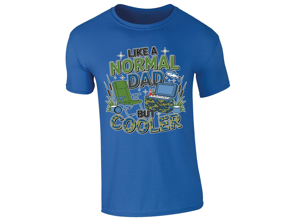 Royal Blue men's T-shirt with “Like a normal dad but cooler” camping chair and cool box design