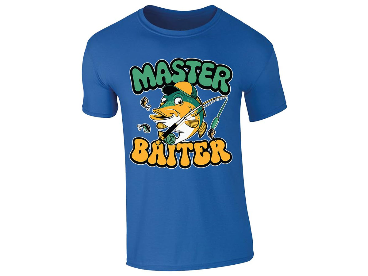 Royal Blue men's T-shirt with “Master Baiter” cartoon fish design