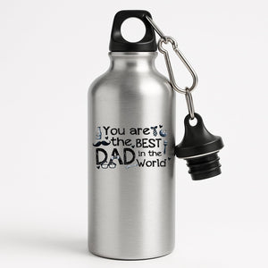 Silver aluminium water bottle with “You are the best Dad in the world” with hand-drawn dad icons