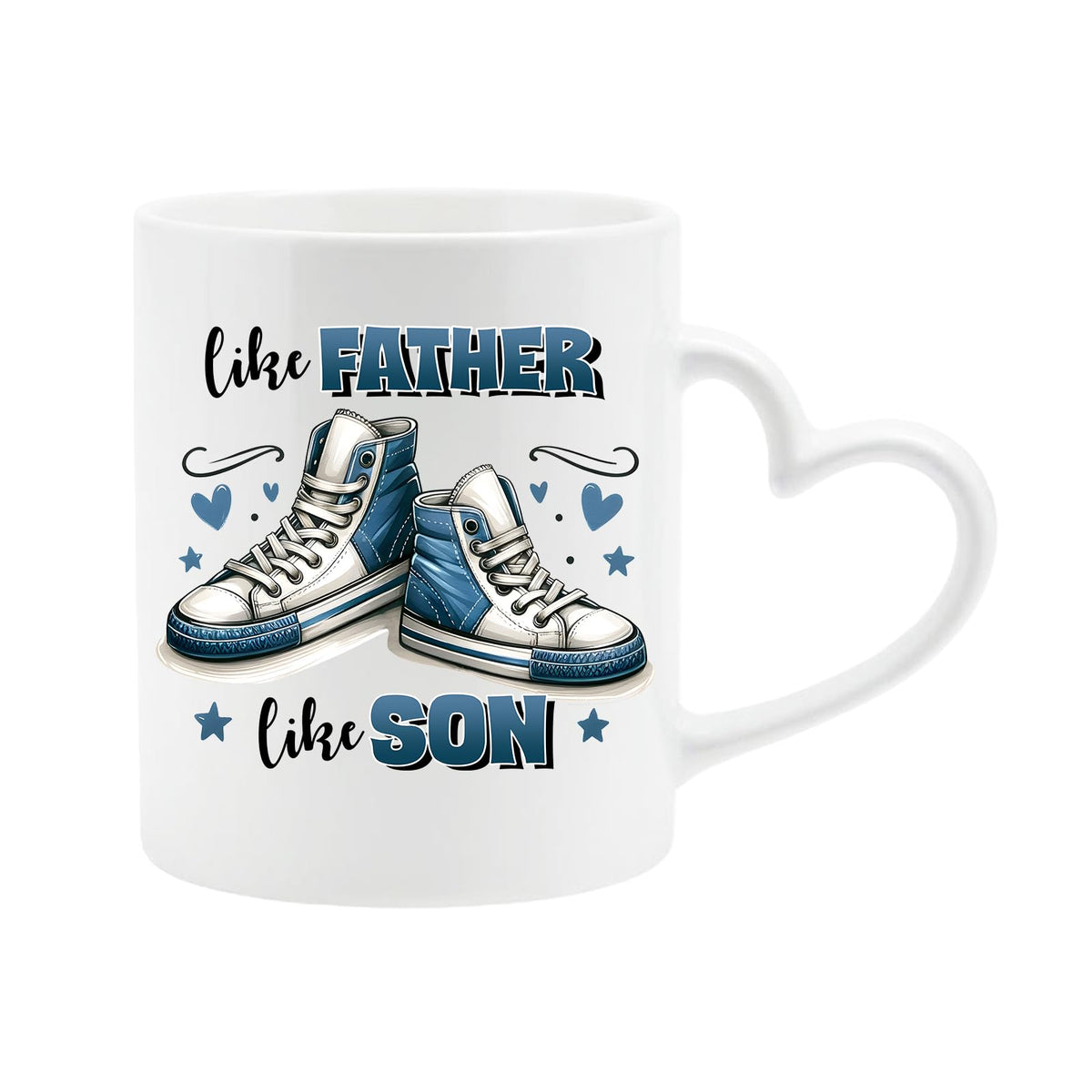 White heart-handle mug with a pair of blue high-top sneakers with hearts and “Like father, like son”