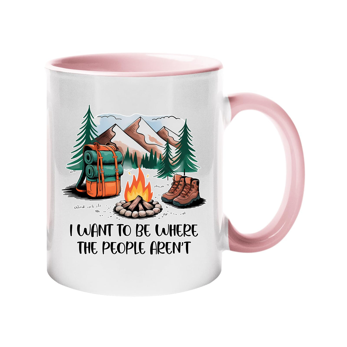 Colour handle mug with a campfire, backpack, boots and mountains with “I want to be where the people aren’t” – light pink handle and inside