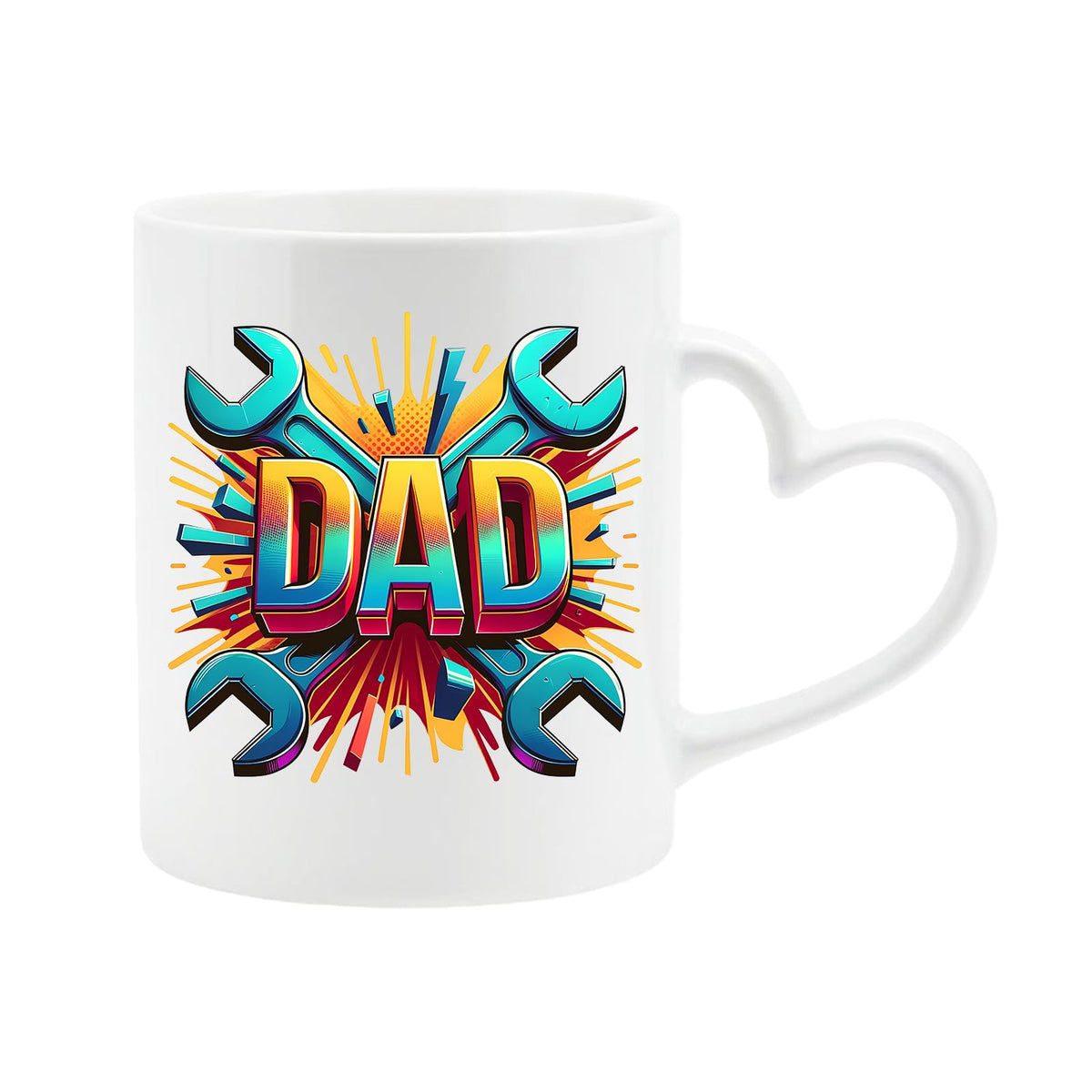 White heart-handle mug with a comic-style “DAD” on a burst of crossed spanners