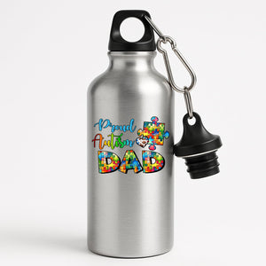 Silver aluminium water bottle with “Proud Autism Dad” with letters filled with colourful puzzle pieces