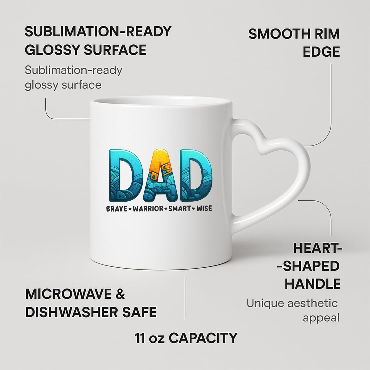 Heart-handle mug with labels for 11oz capacity, glossy surface and heart-shaped handle