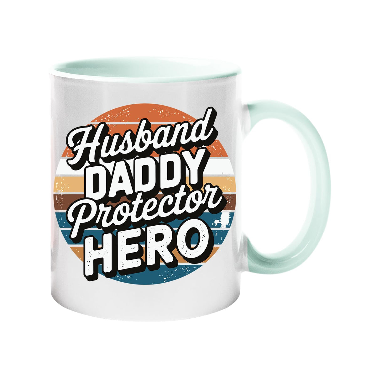 Colour handle mug with “Husband, Daddy, Protector, Hero” over a retro sunset circle – lime handle and inside