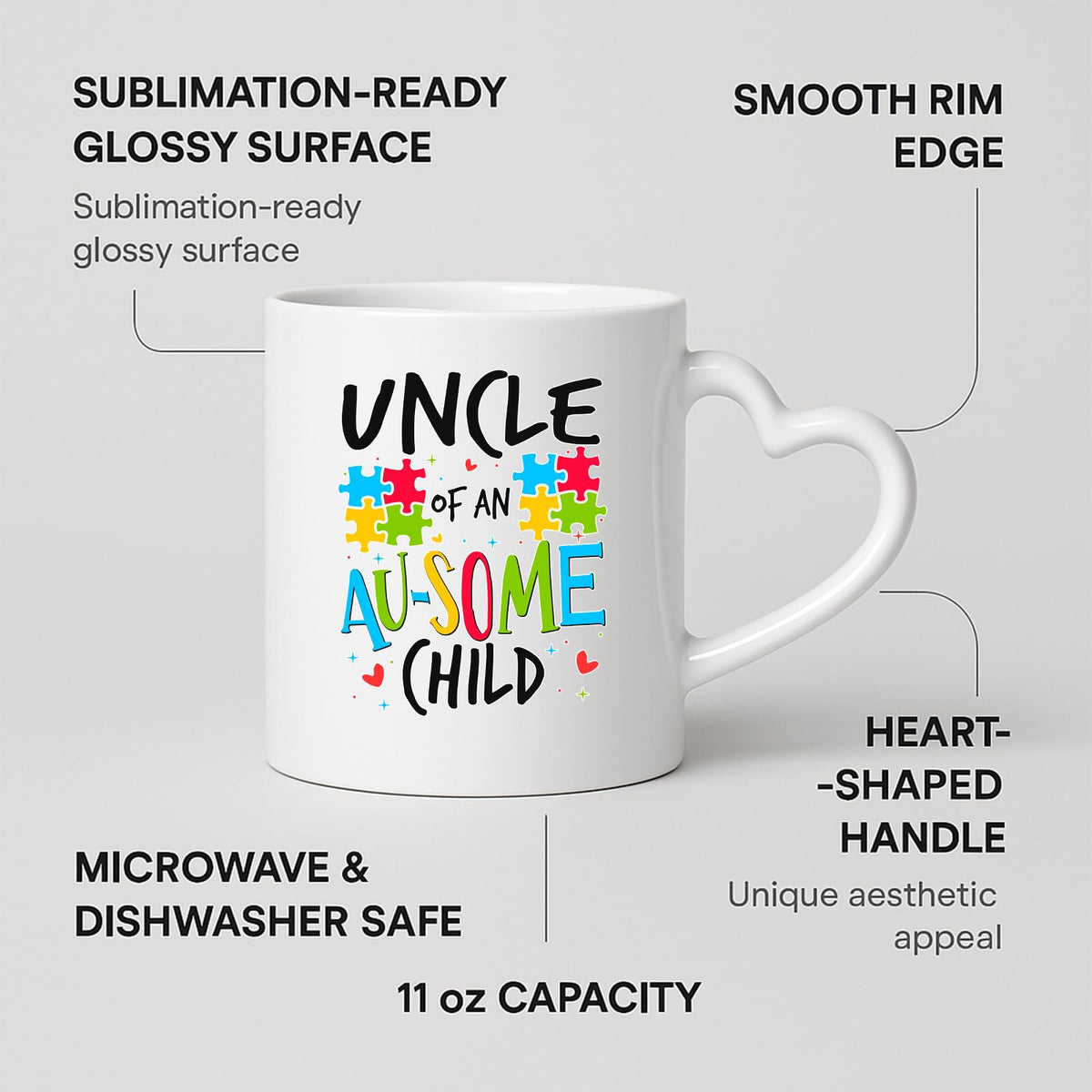 Heart-handle mug with labels for 11oz capacity, glossy surface and heart-shaped handle