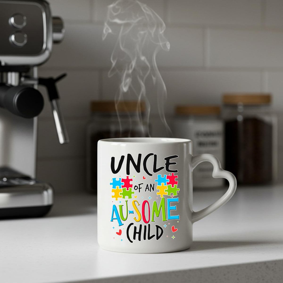 Steaming Uncle of an Au-Some Child heart-handle mug on a kitchen counter