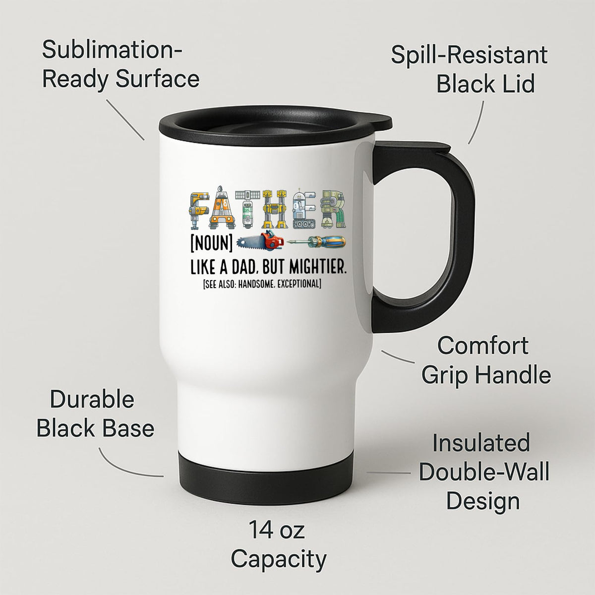 Travel mug with labels for spill-resistant lid, insulated double wall and 14oz capacity
