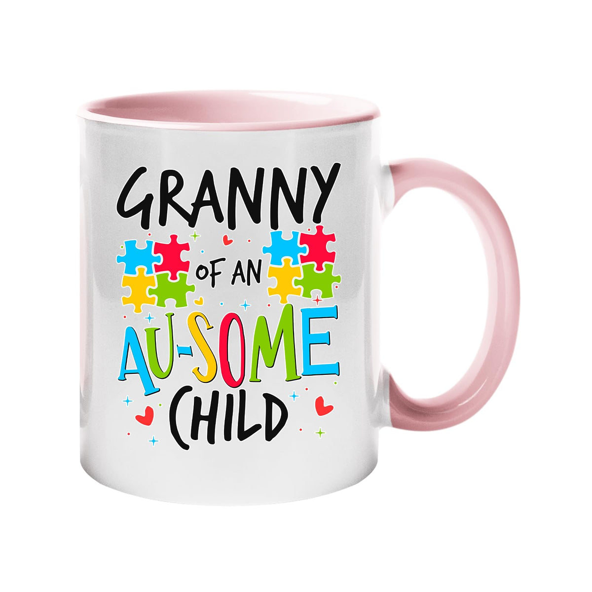 Colour handle mug with “Granny of an AU-SOME child” with colourful puzzle pieces – light pink handle and inside