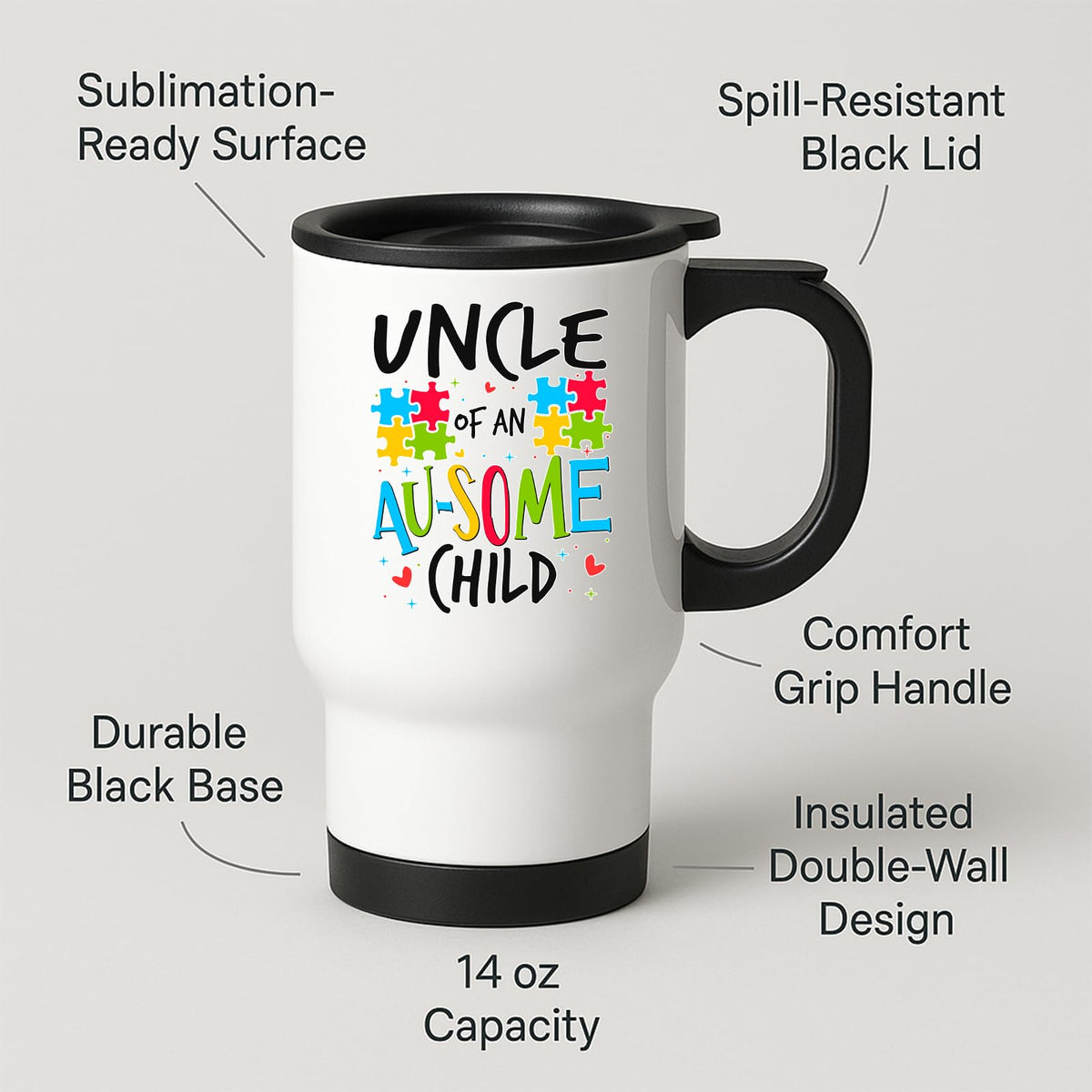 Travel mug with labels for spill-resistant lid, insulated double wall and 14oz capacity