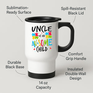 Uncle of an Au-Some Child travel mug on a wooden slice with white pom-poms
