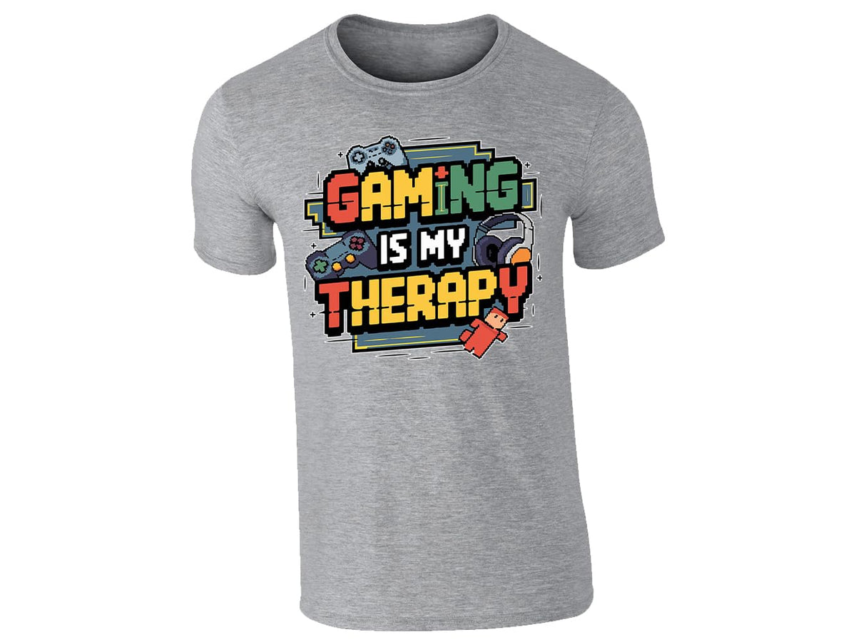 Heather Grey men's T-shirt with “Gaming is my therapy” design