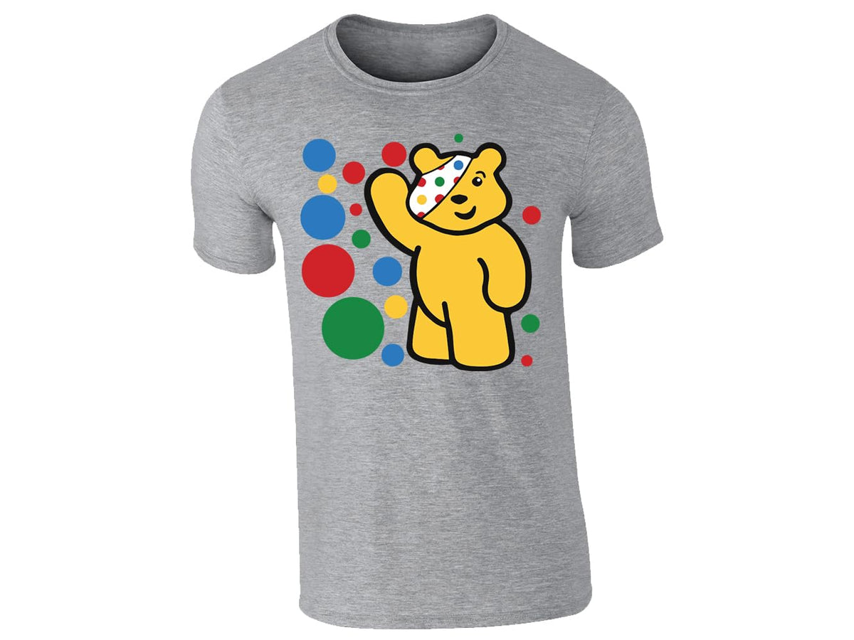 Heather Grey men's T-shirt with waving spotty bear with coloured dots design