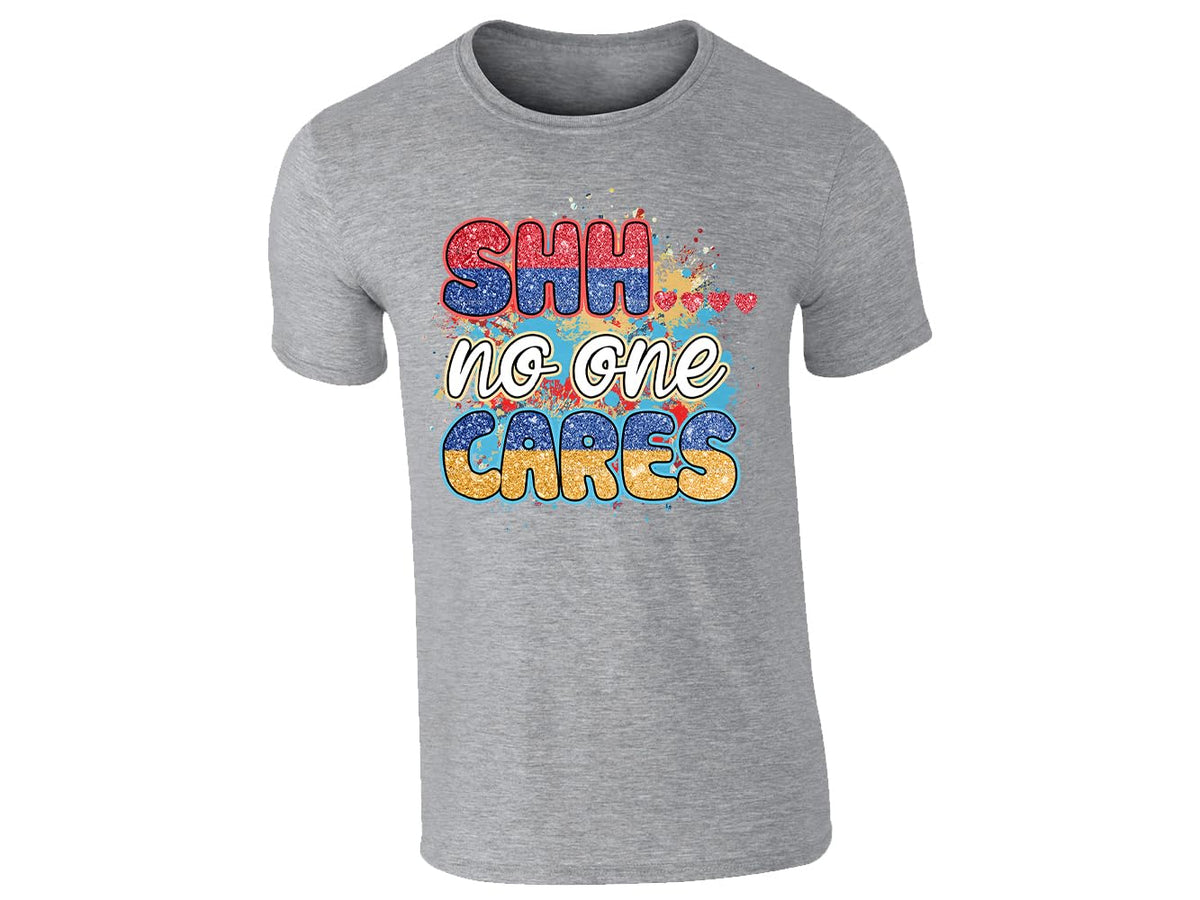 Heather Grey men's T-shirt with “Shhh… no one cares” design