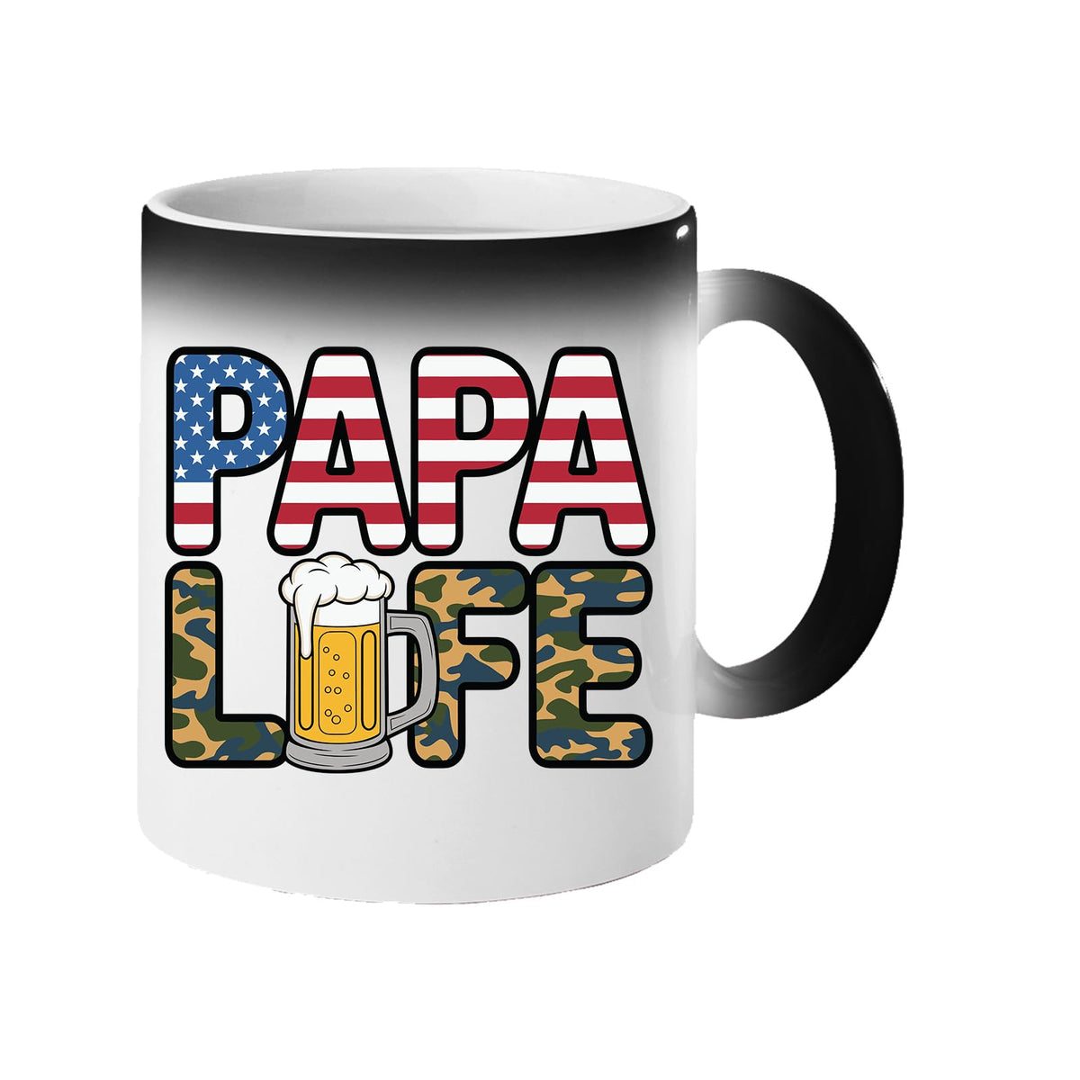 Colour changing mug revealing “Papa” in stars and stripes over camo “Life” with a frothy beer