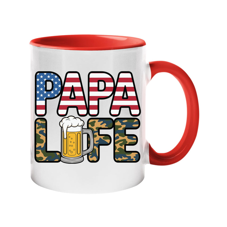 Colour handle mug with “Papa” in stars and stripes over camo “Life” with a frothy beer – red handle and inside