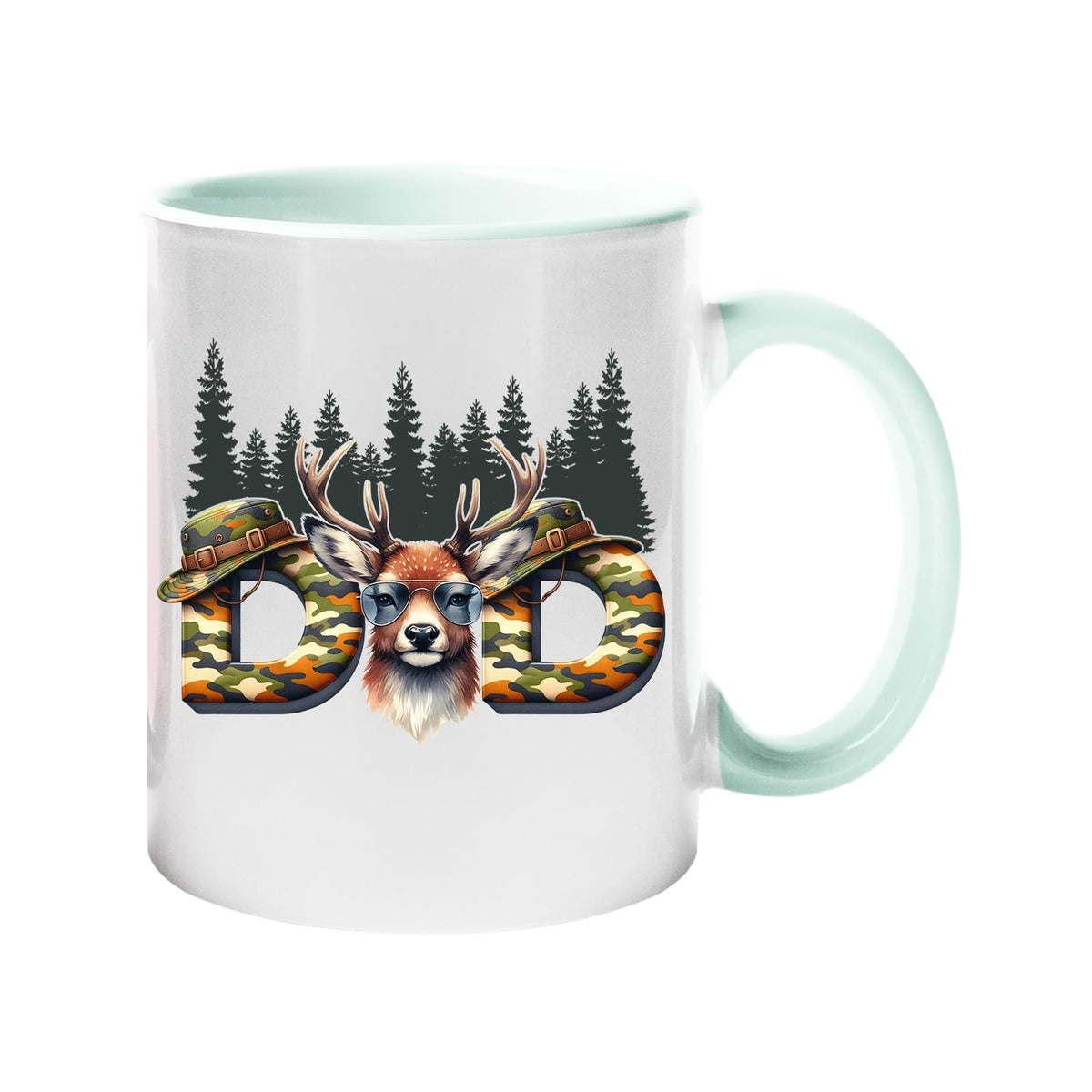 Colour handle mug with camo “DAD” letters with a stag’s head and pine forest – lime handle and inside