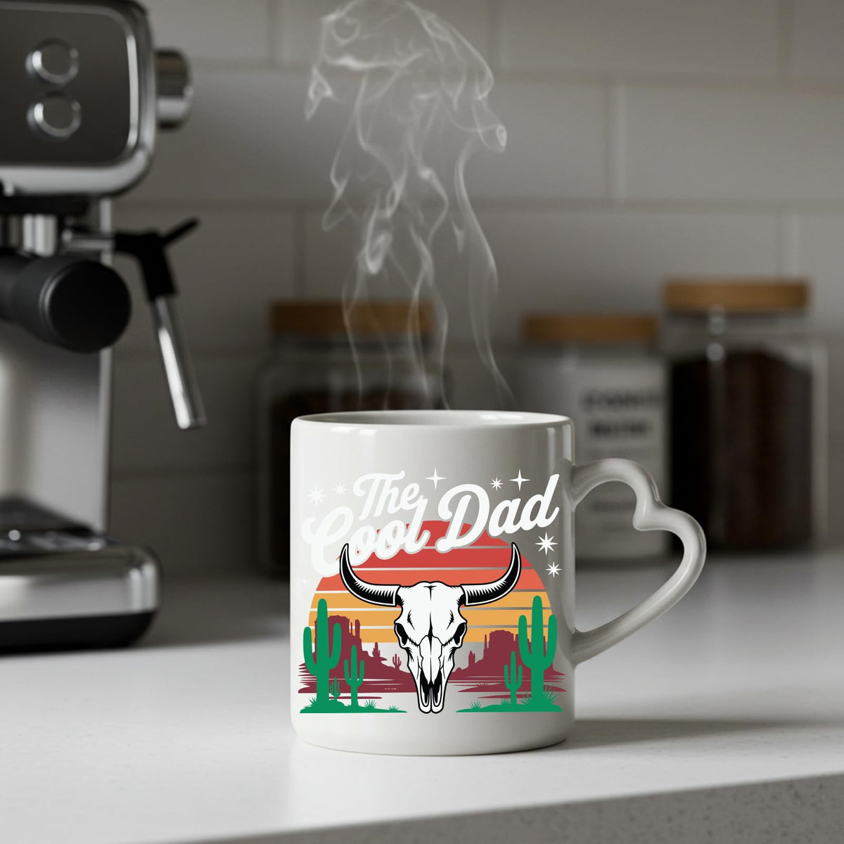 Steaming The Cool Dad bull skull heart-handle mug on a kitchen counter