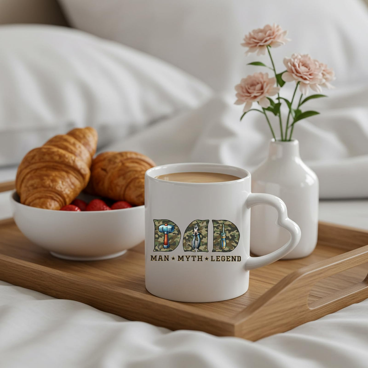 Dad Man Myth Legend tools heart-handle mug on a breakfast tray with croissants and flowers