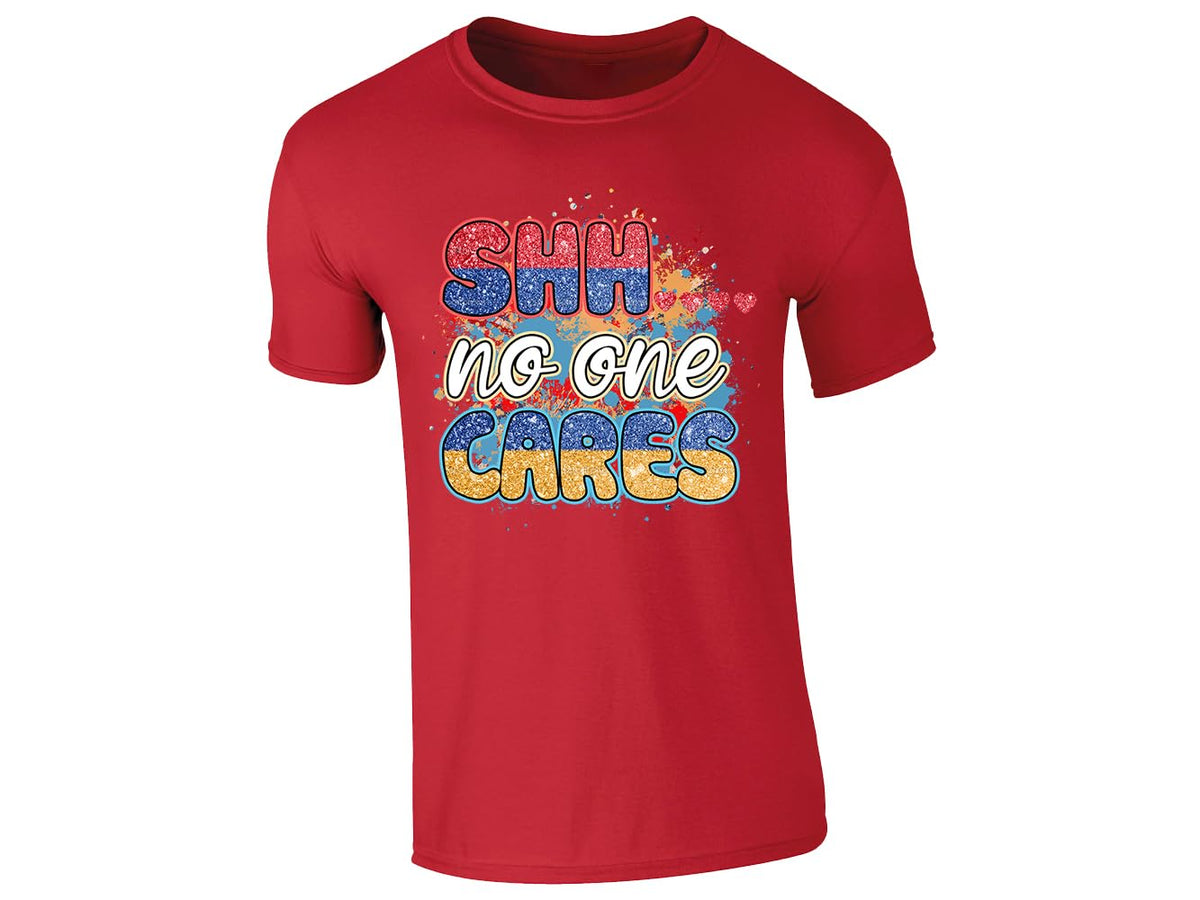 Red men's T-shirt with “Shhh… no one cares” design