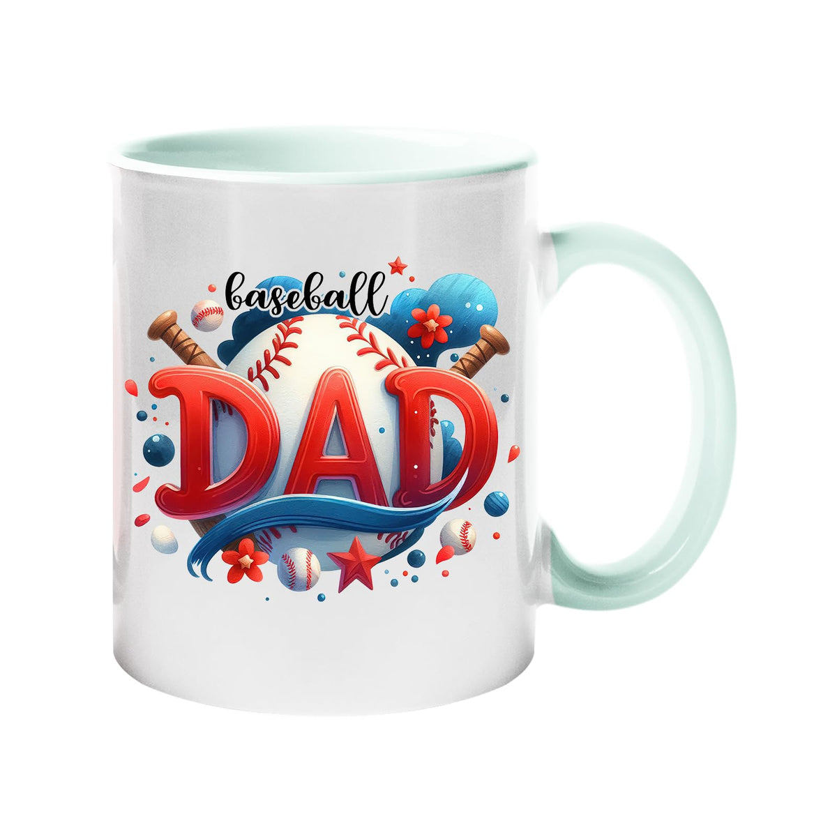 Colour handle mug with “Baseball DAD” in bold red letters with a baseball and bats – lime handle and inside