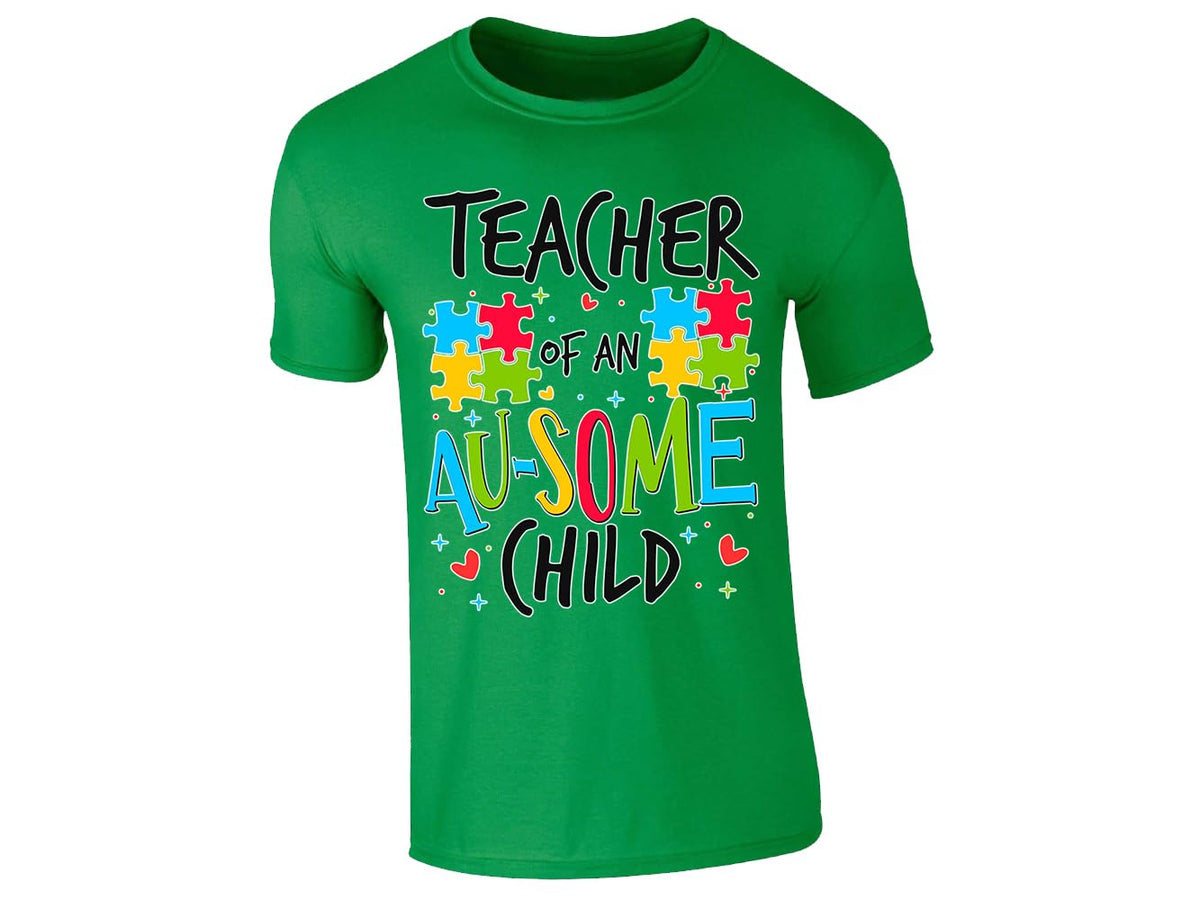 Irish Green men's T-shirt with “Teacher of an Au-some child” puzzle piece design