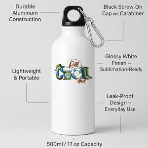 White aluminium water bottle with “Reel COOL Dad” spelled out with a bucket hat, bait tin, float and wellies