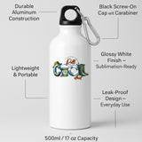 White water bottle with labels for aluminium body, screw-on cap with carabiner and leak-proof design