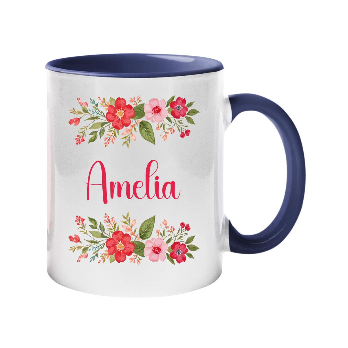Dark Blue handle mug with a red flower border around an example name