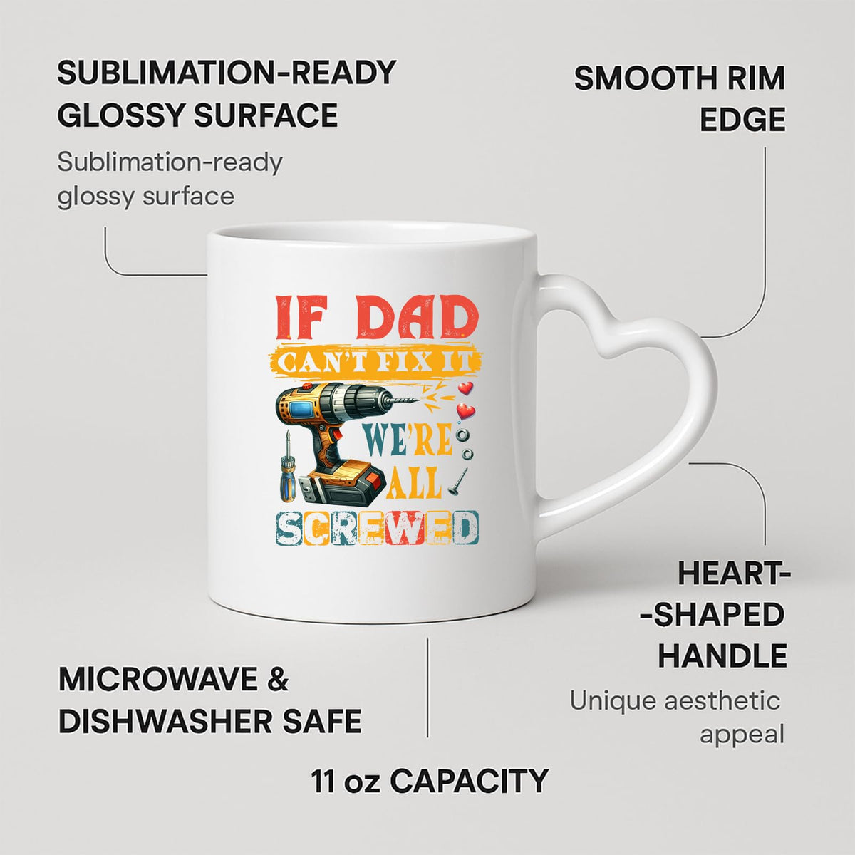 Heart-handle mug with labels for 11oz capacity, glossy surface and heart-shaped handle