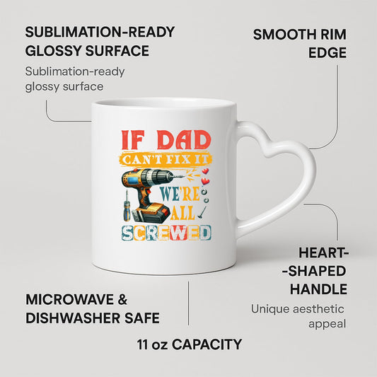 Heart-handle mug with labels for 11oz capacity, glossy surface and heart-shaped handle