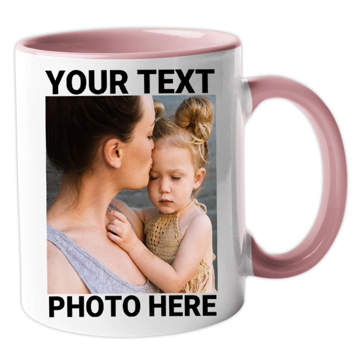 Pink handle mug with an example photo and text