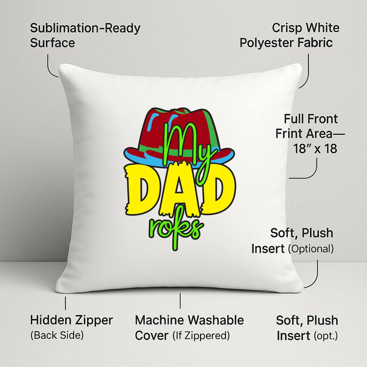 Cushion with the colourful My Dad Rocks hat design and feature labels