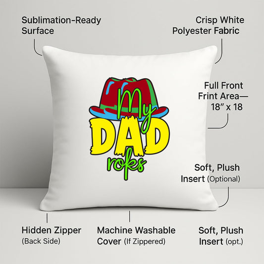 Cushion with the colourful My Dad Rocks hat design and feature labels