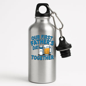 Silver aluminium water bottle with a baby bottle and a pint of beer with “Our first Father’s Day together” in blue