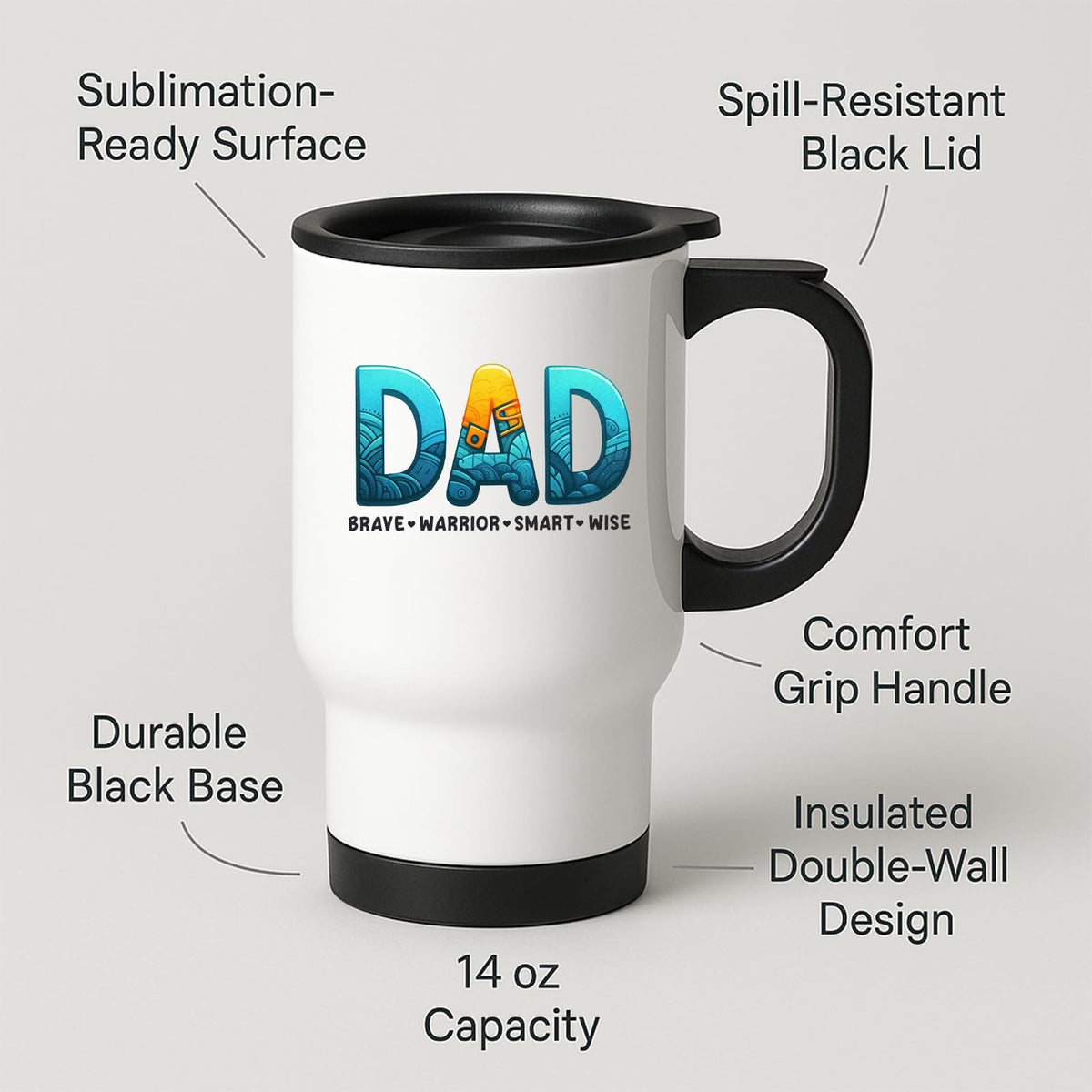 Travel mug with labels for spill-resistant lid, insulated double wall and 14oz capacity