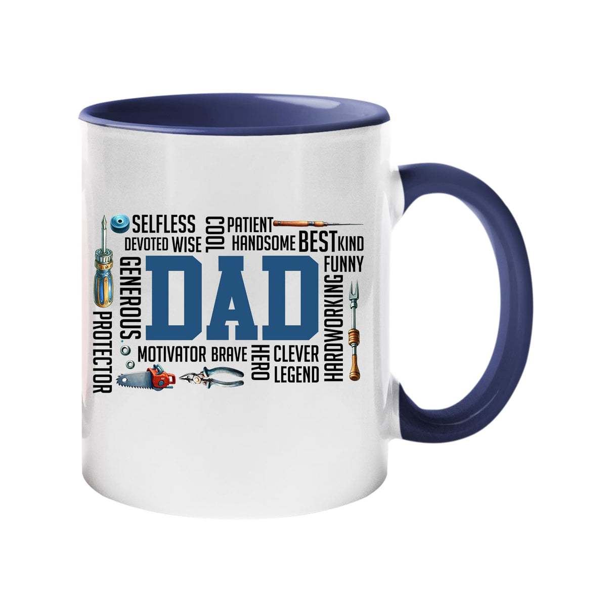 Colour handle mug with a big blue “DAD” surrounded by words like selfless, wise, funny, brave, hero and legend – dark blue handle and inside