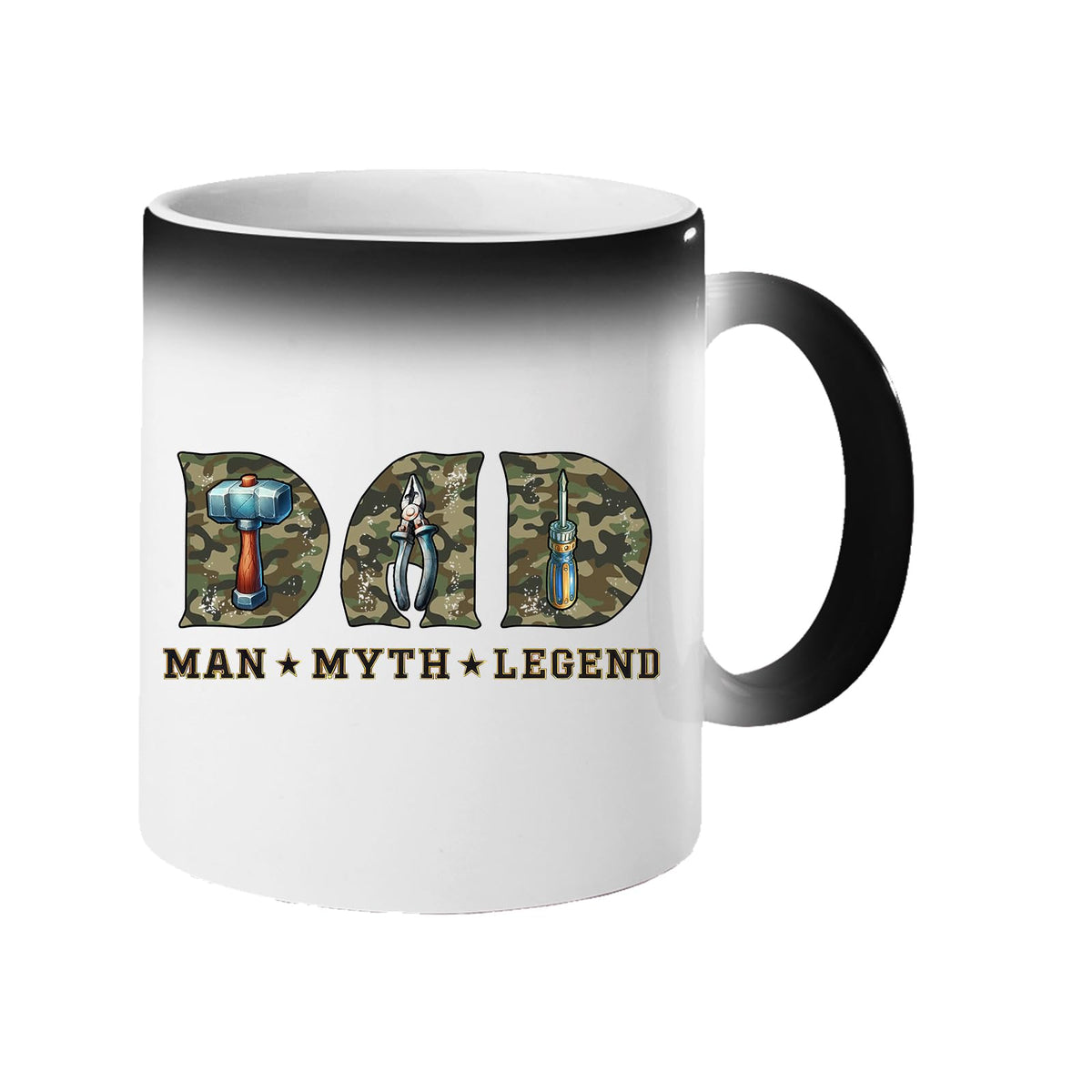 Colour changing mug revealing camo “DAD” letters with a hammer, pliers and screwdriver above “Man ★ Myth ★ Legend”