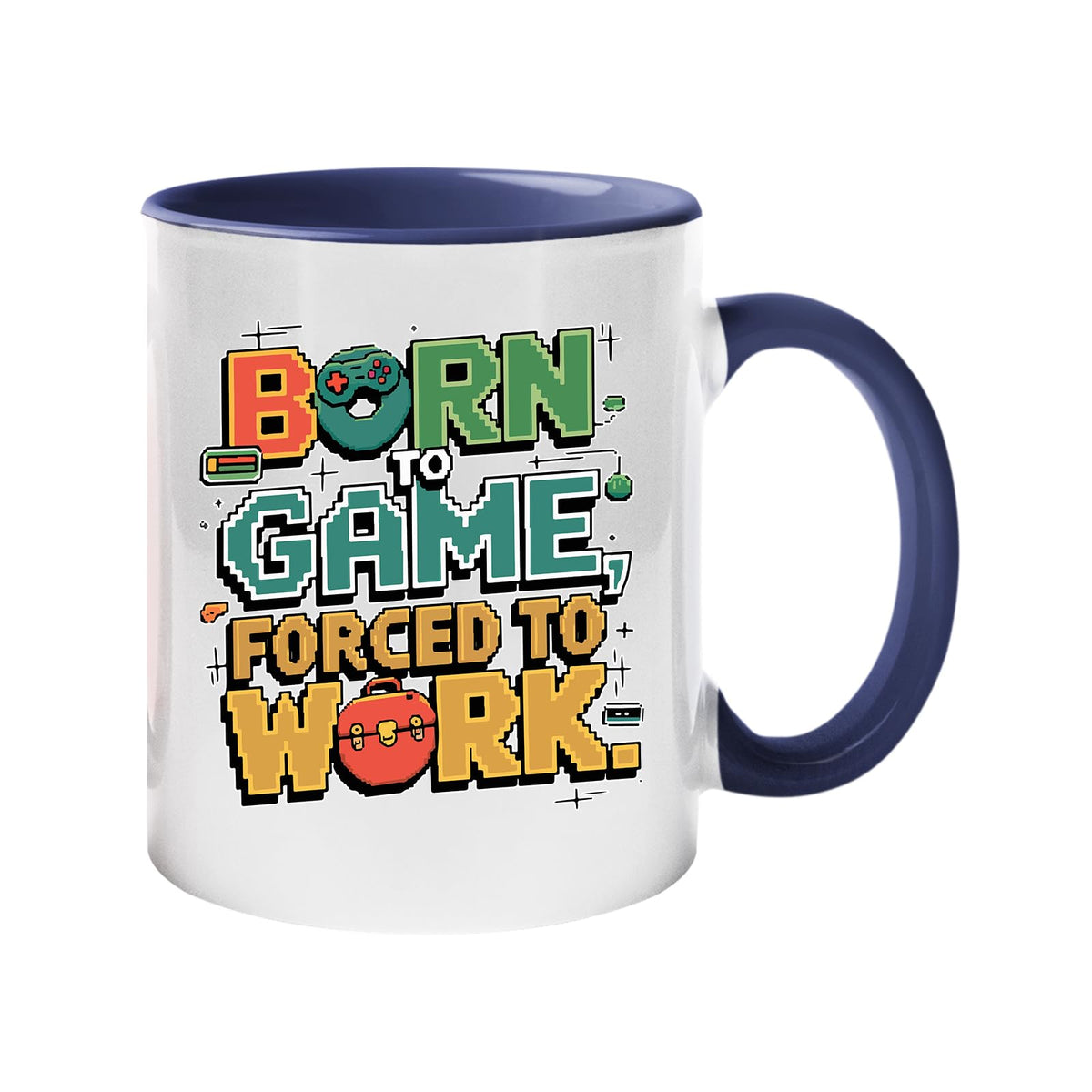 Colour handle mug with “Born to game, forced to work” in colourful arcade lettering – dark blue handle and inside