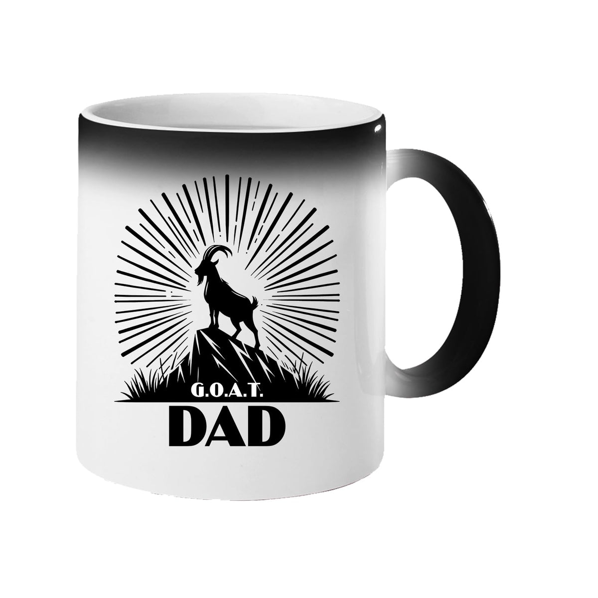 Colour changing mug revealing a mountain goat on a peak with a sunburst and “G.O.A.T. Dad”