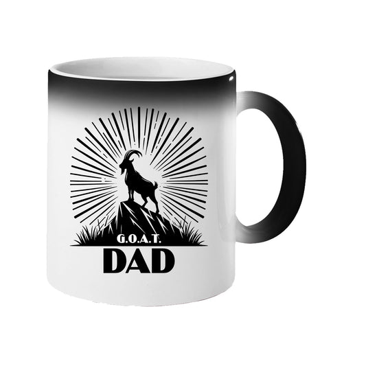 Colour changing mug revealing a mountain goat on a peak with a sunburst and “G.O.A.T. Dad”