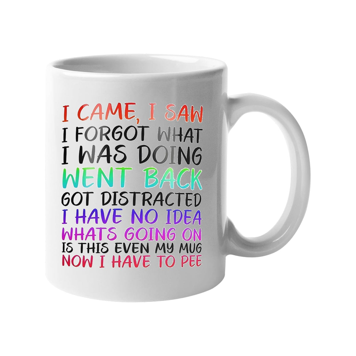 White mug with “I came, I saw, I forgot what I was doing… is this even my mug, now I have to pee” in colourful lettering