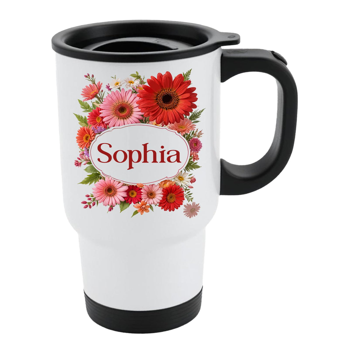 White travel mug with a red gerbera wreath around an example name