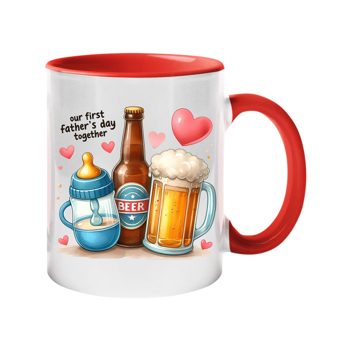 Colour handle mug with a baby bottle, a beer bottle and a frothy pint with hearts and “Our first Father’s Day together” – red handle and inside