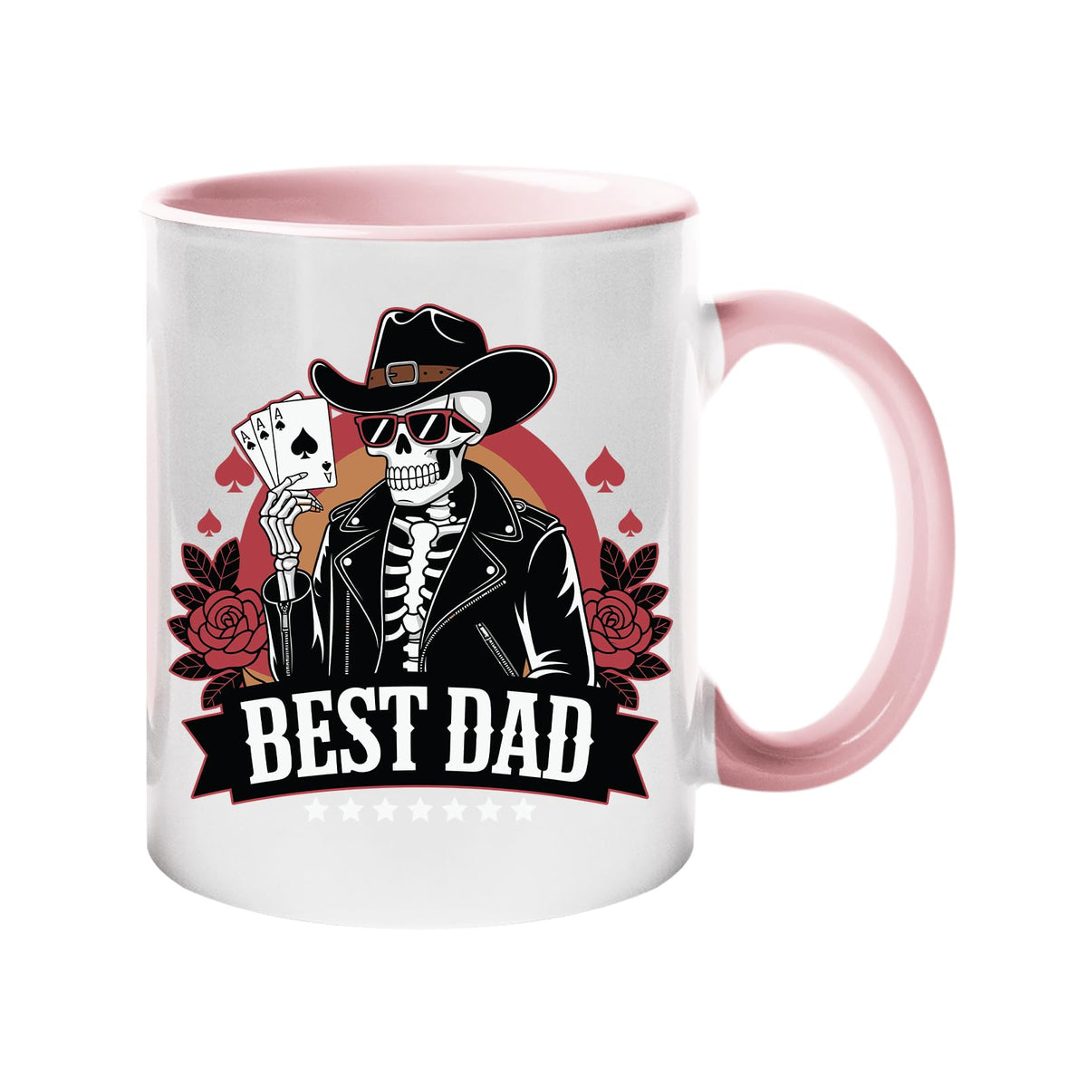 Colour handle mug with a skeleton cowboy holding aces above a “Best Dad” banner – light pink handle and inside