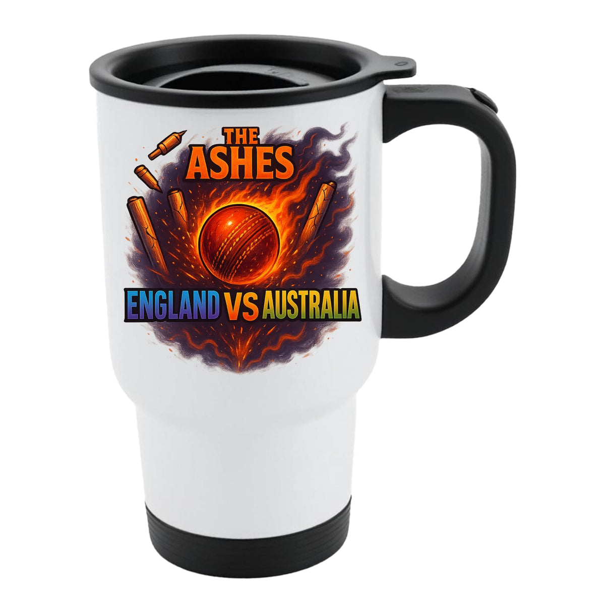 White 14oz travel mug with The Ashes England v Australia design