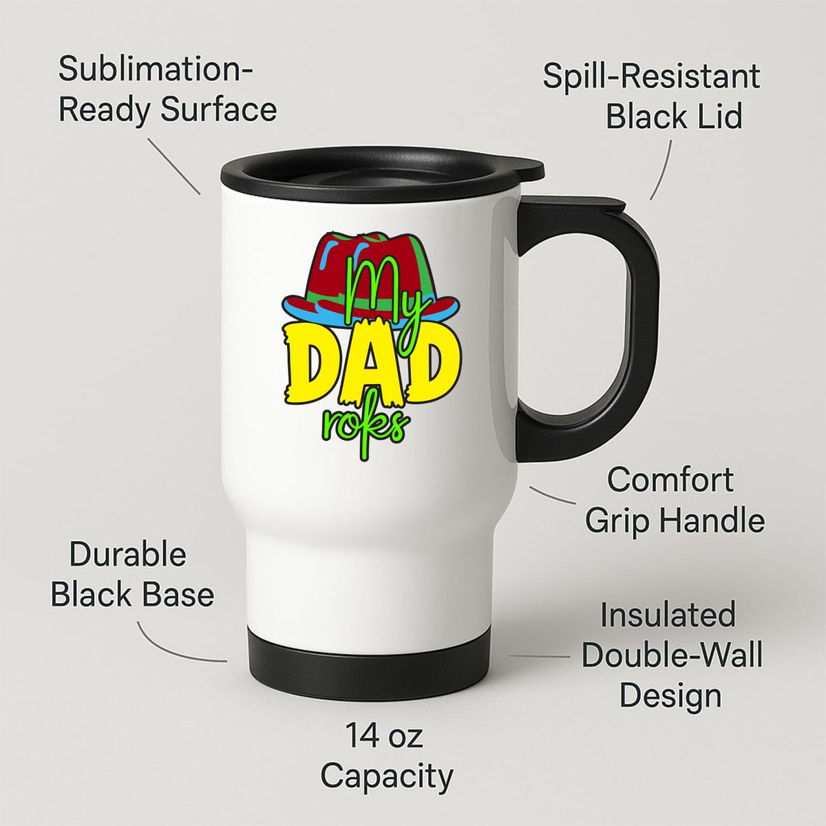 Travel mug with the My Dad Rocks design and feature labels